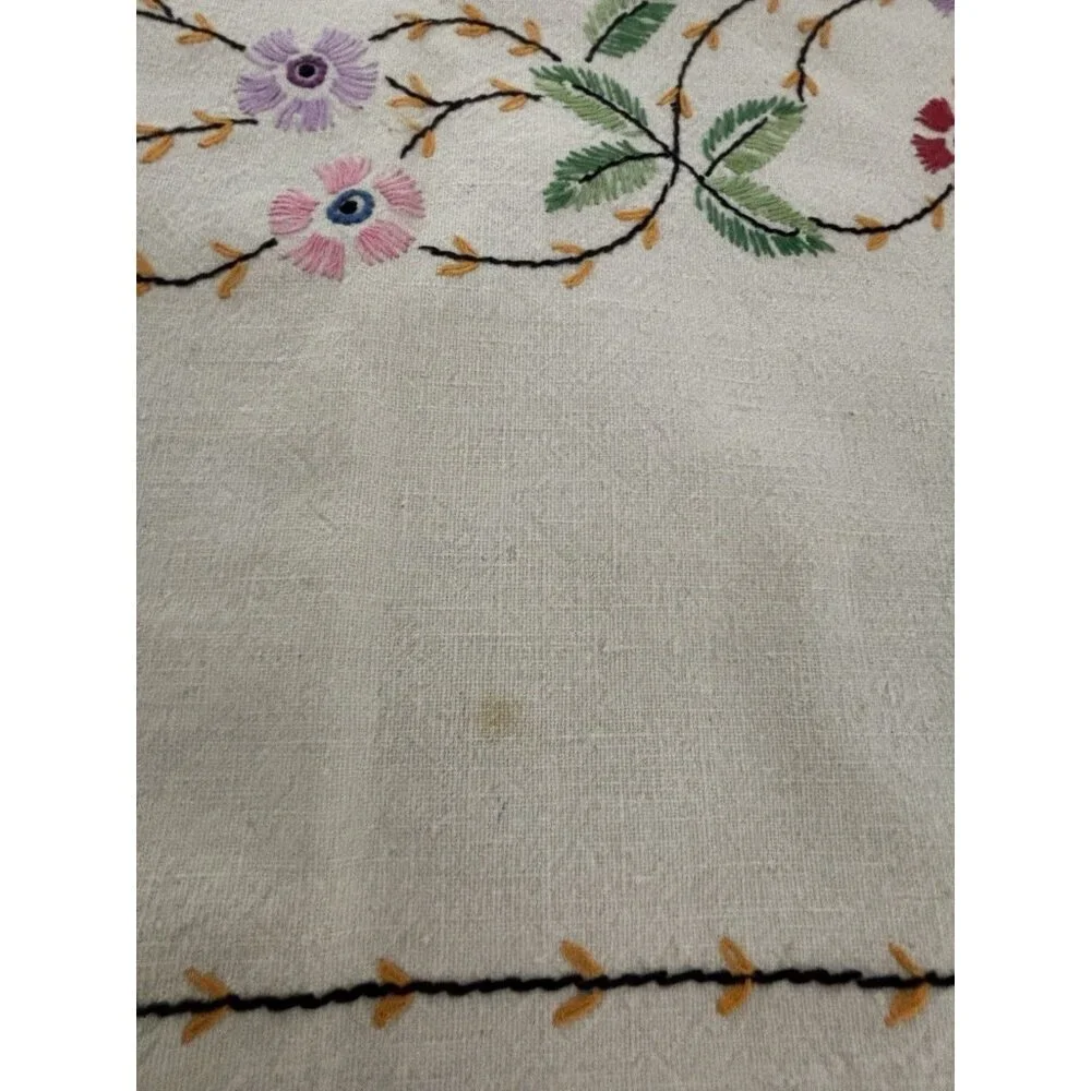 Vintage Hand Embroidery Cotton Table Cloth Floral 37x34” Square Ivory
